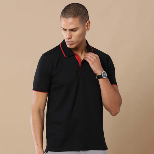 Close-up of Black with Red Tipping jacquard polo t-shirt, designed for better movement and comfort.