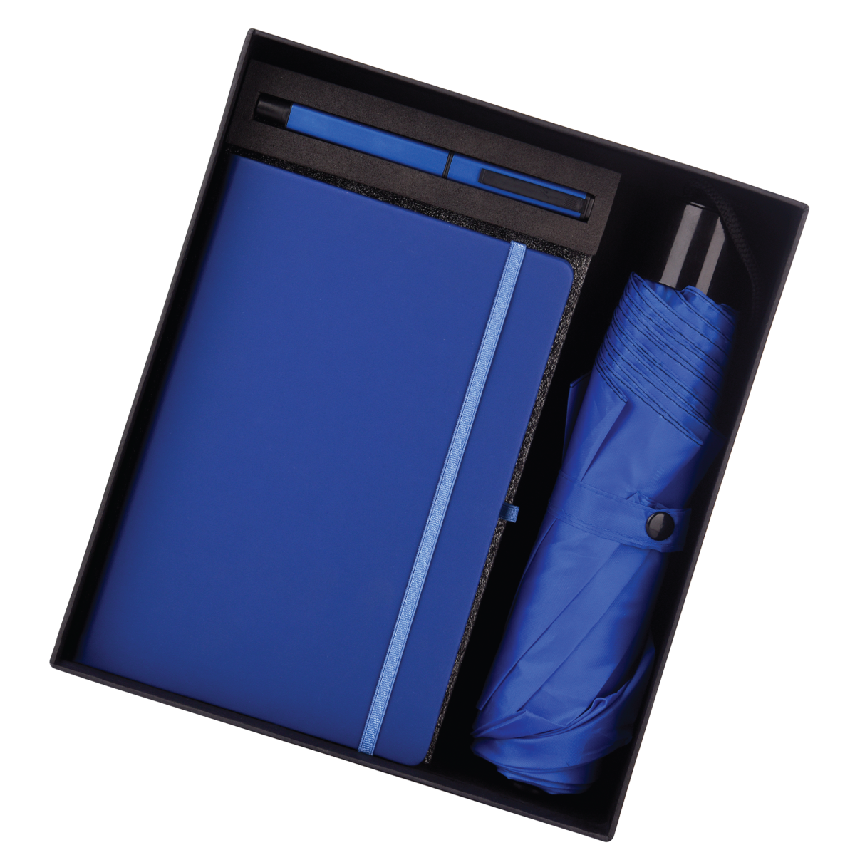 Blue 3 in 1 combo gift set including a notebook, pen, and umbrella in a sleek black box