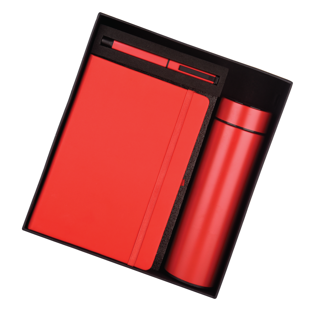 Corporate gift set red combo featuring a notebook, pen, and thermos for new employees