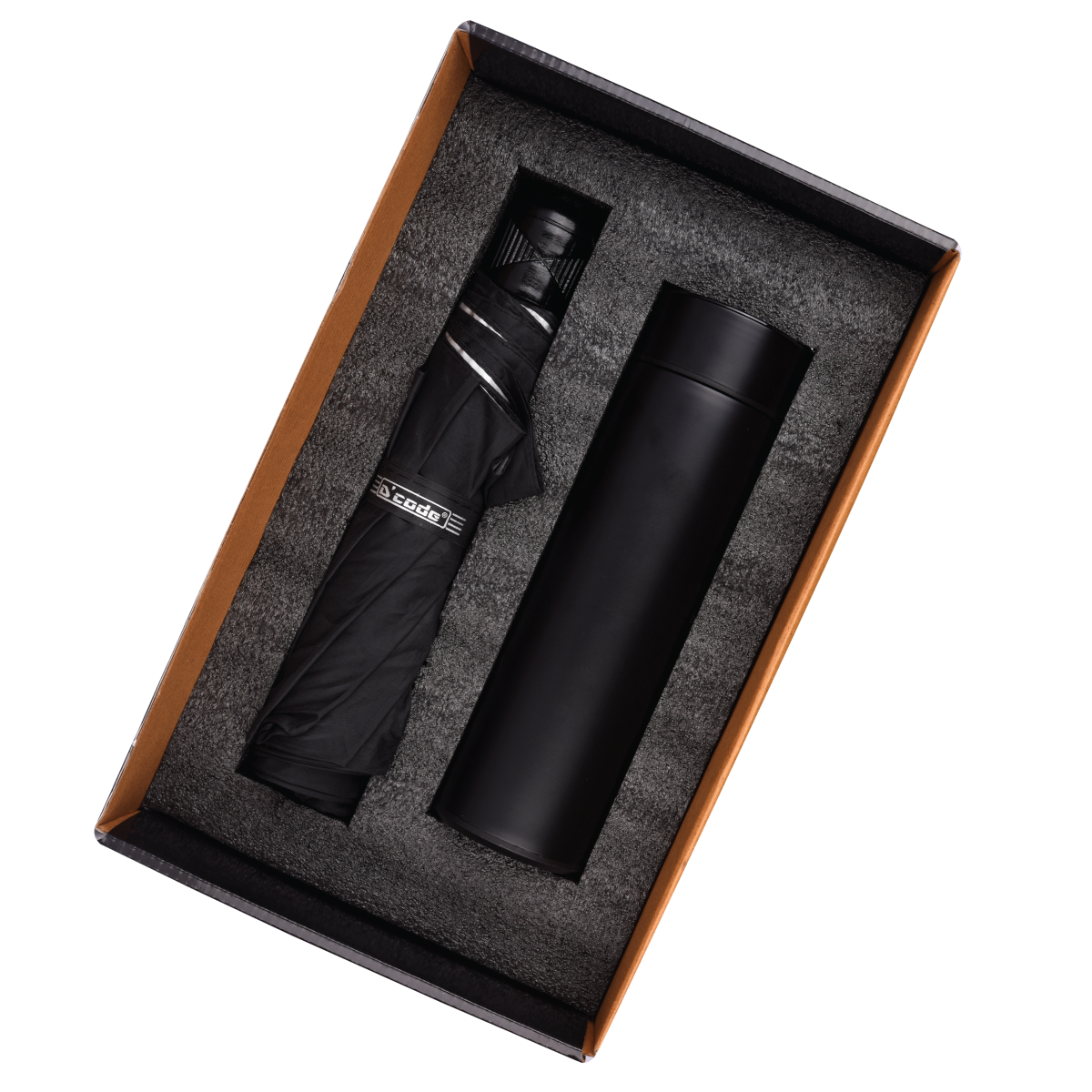 Corporate gift set umbrellas featuring a compact black umbrella and sleek thermos in a stylish box
