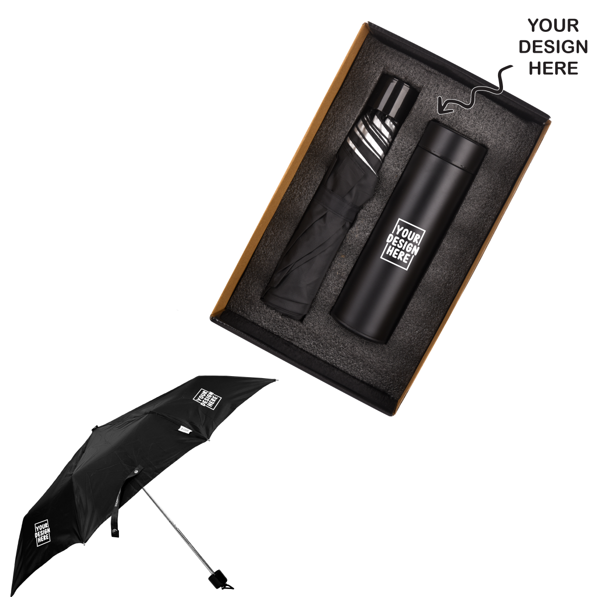 Corporate gift set umbrellas featuring a stylish umbrella and customized thermos in a chic box