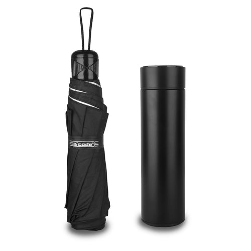 Corporate gift set umbrellas featuring a sturdy black umbrella and a stylish travel tumbler