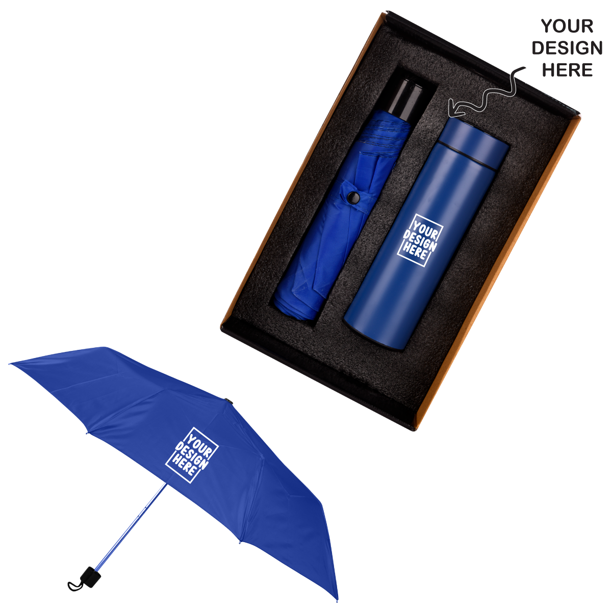 Corporate gift umbrella bottle set in a gift box featuring a blue umbrella and matching bottle