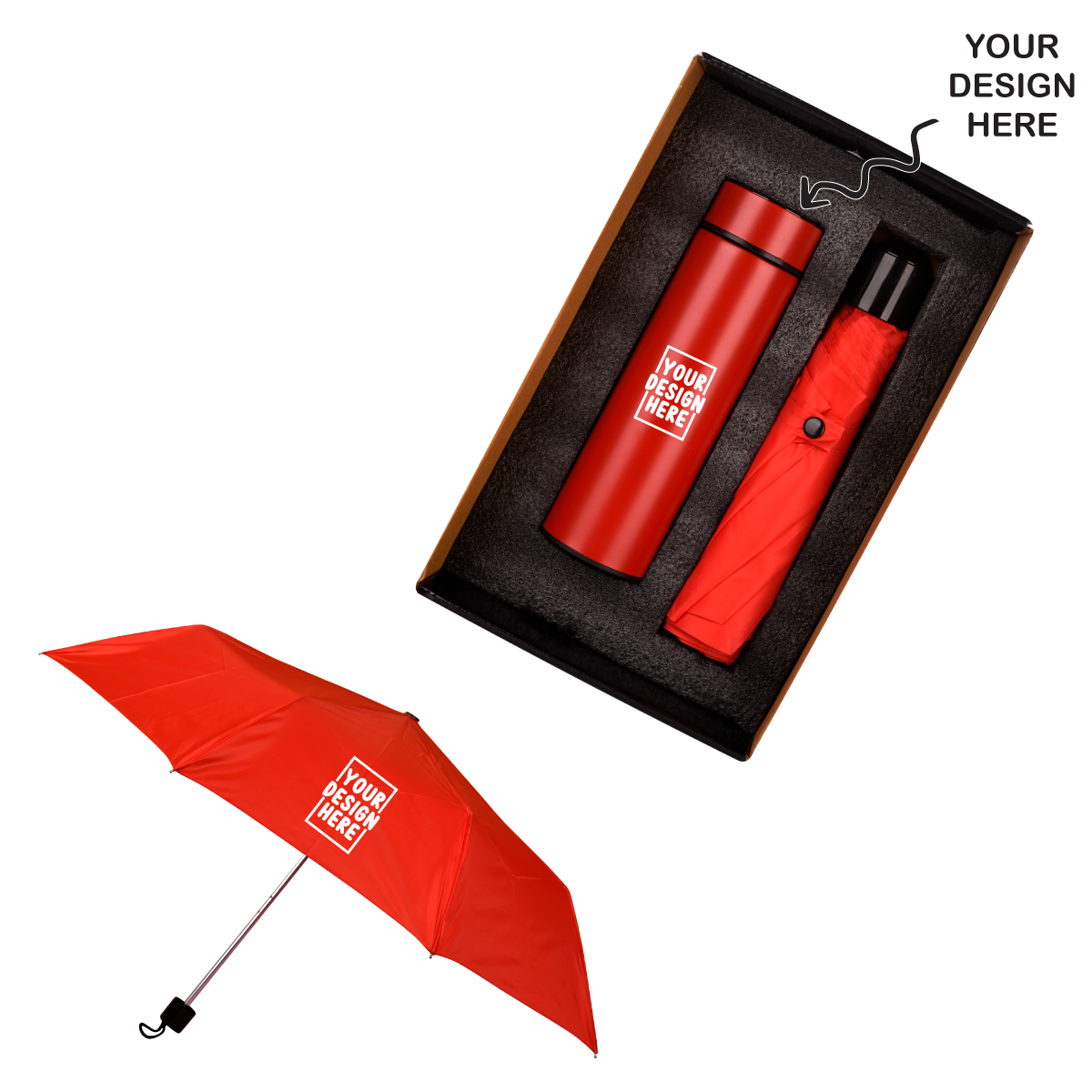 Corporate umbrella and bottle gift set in red packaging with customizable design option