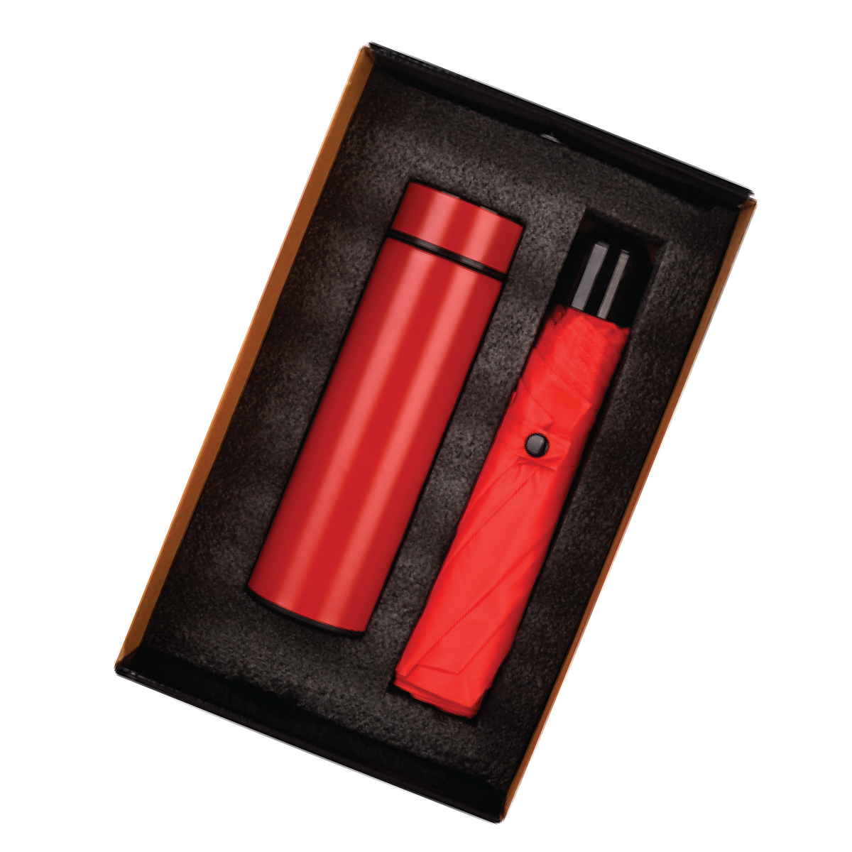 Red corporate umbrella and bottle gift set in a stylish black box for new employees