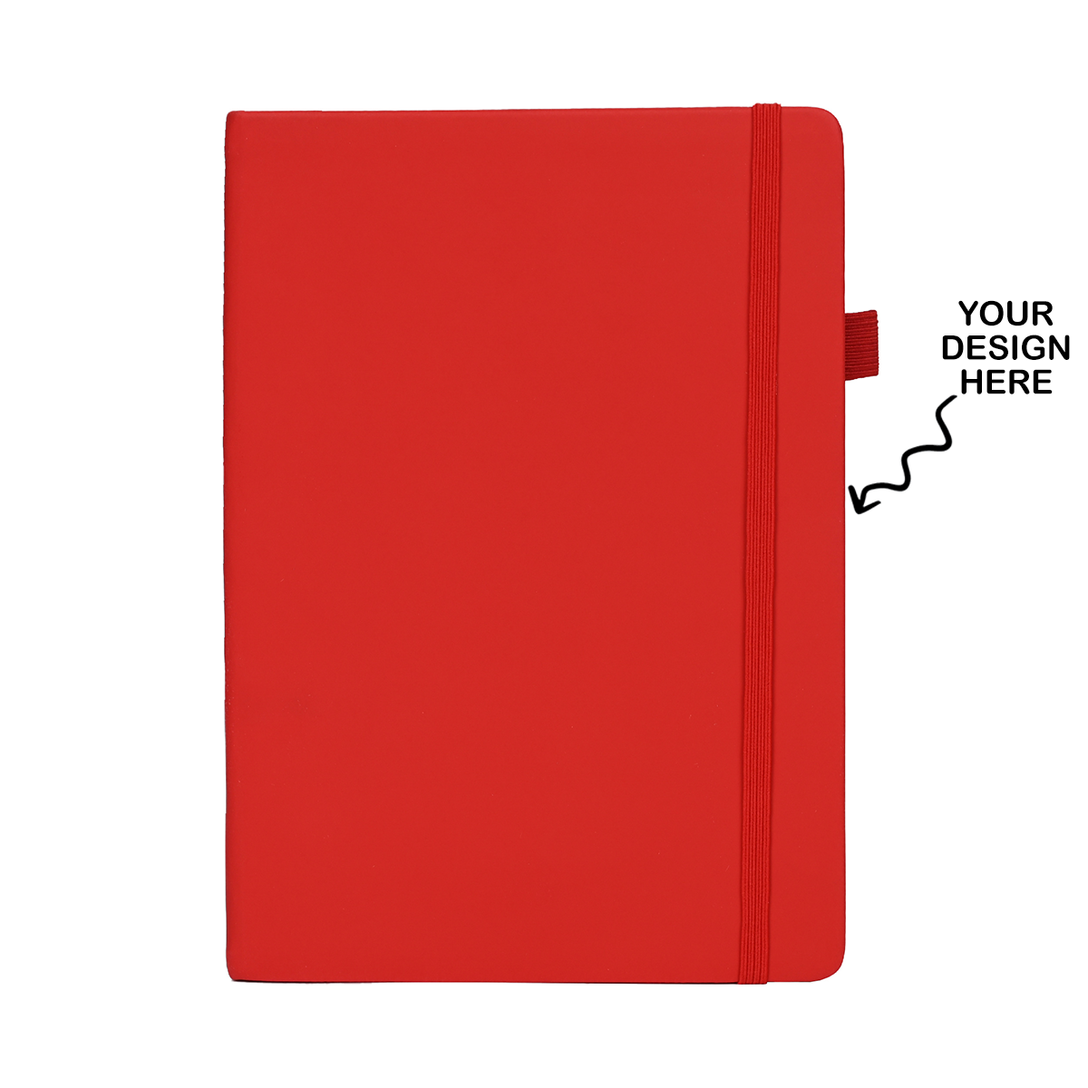 Custom logo A5 notebook in vibrant red with elastic band for personalized designs and notes