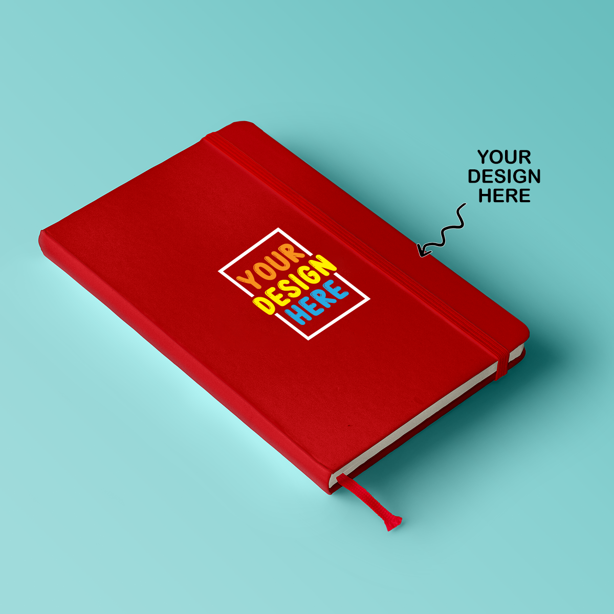 Red custom logo A5 notebook featuring a customizable design area for personal touches