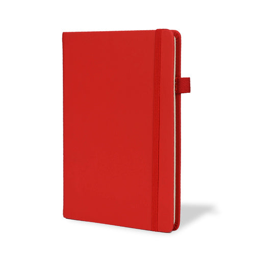 Custom logo A5 notebook in vibrant red with a stylish elastic band closure