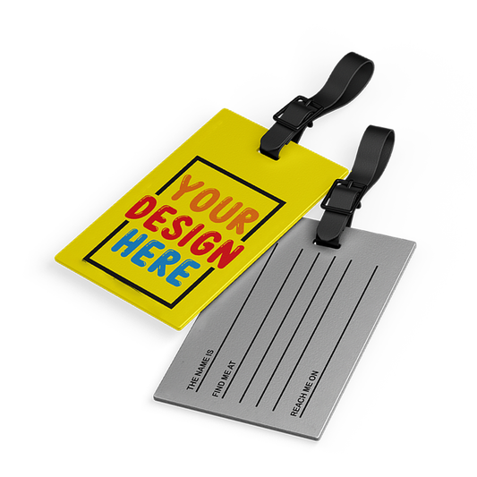 Custom luggage tags corporate gifts with a vibrant yellow front and a silver back for personalization