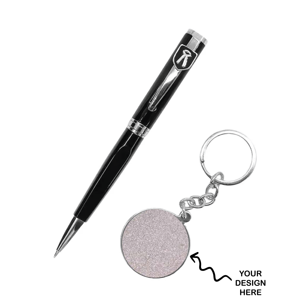 Custom pen and keychain for advocates, featuring a sleek black pen and a personalized keychain accessory