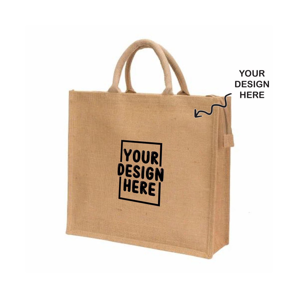 Custom promotional jute bags featuring a space for personalized designs and sturdy handles for easy carrying