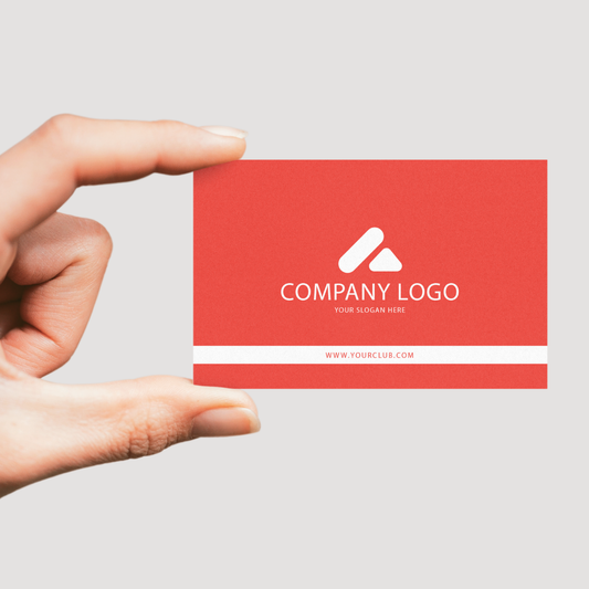 Customized 250 GSM Business Card in red featuring a logo and slogan for professional branding