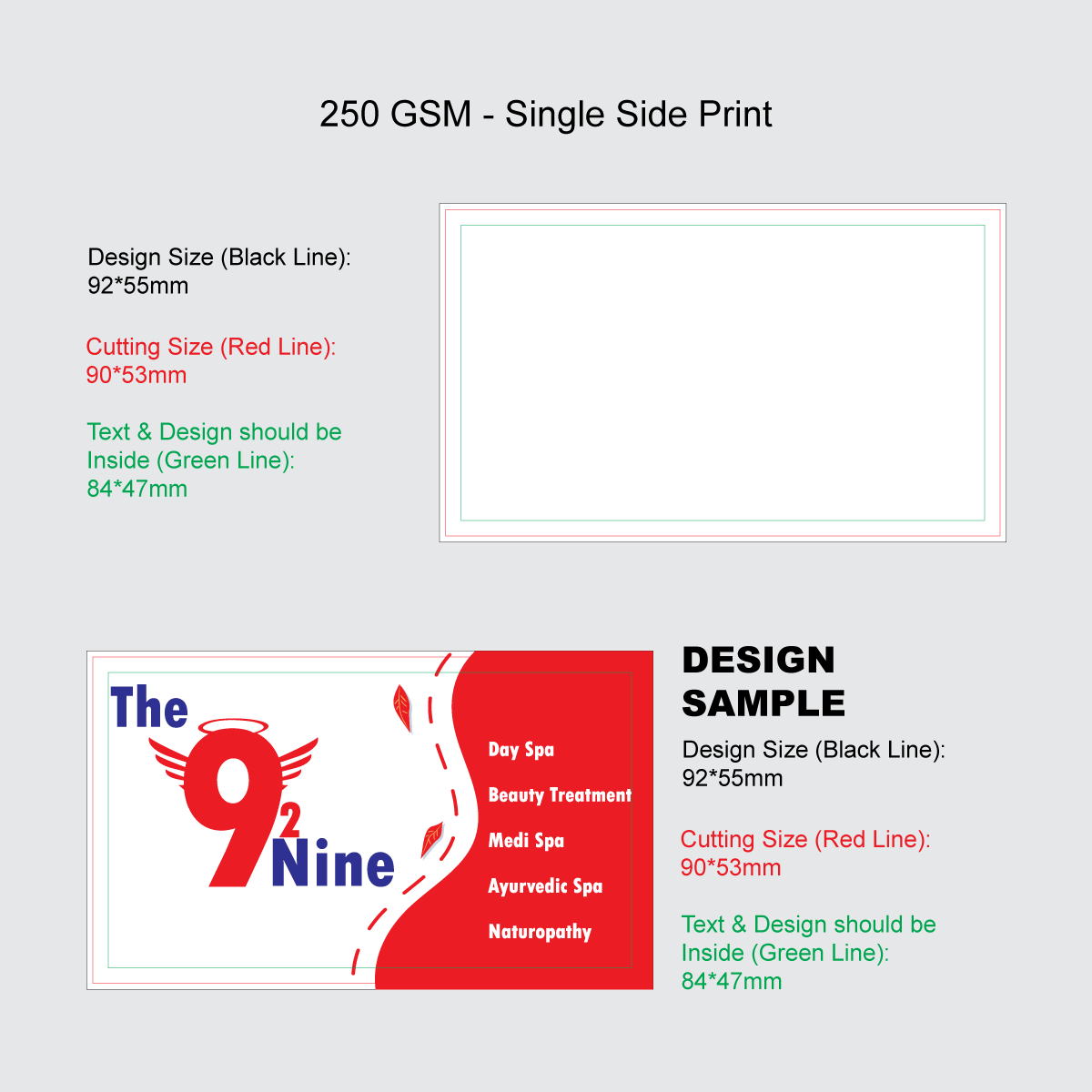 Customized 250 GSM Business Card design sample with size and printing details shown