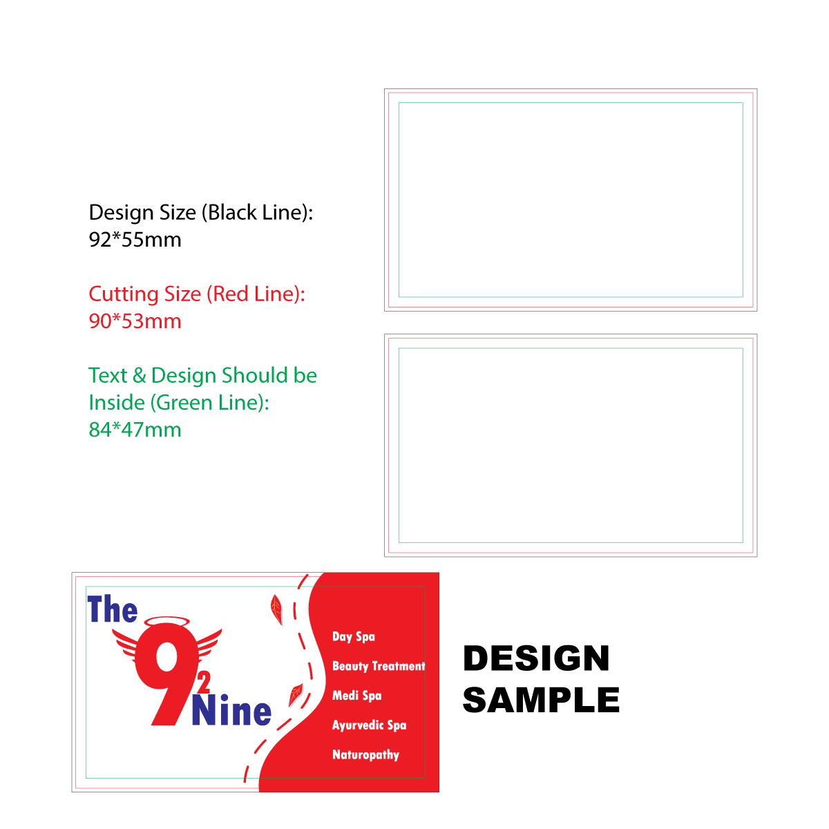 Customized 350 GSM Matte Business Card design sample with specified dimensions and layout guidelines
