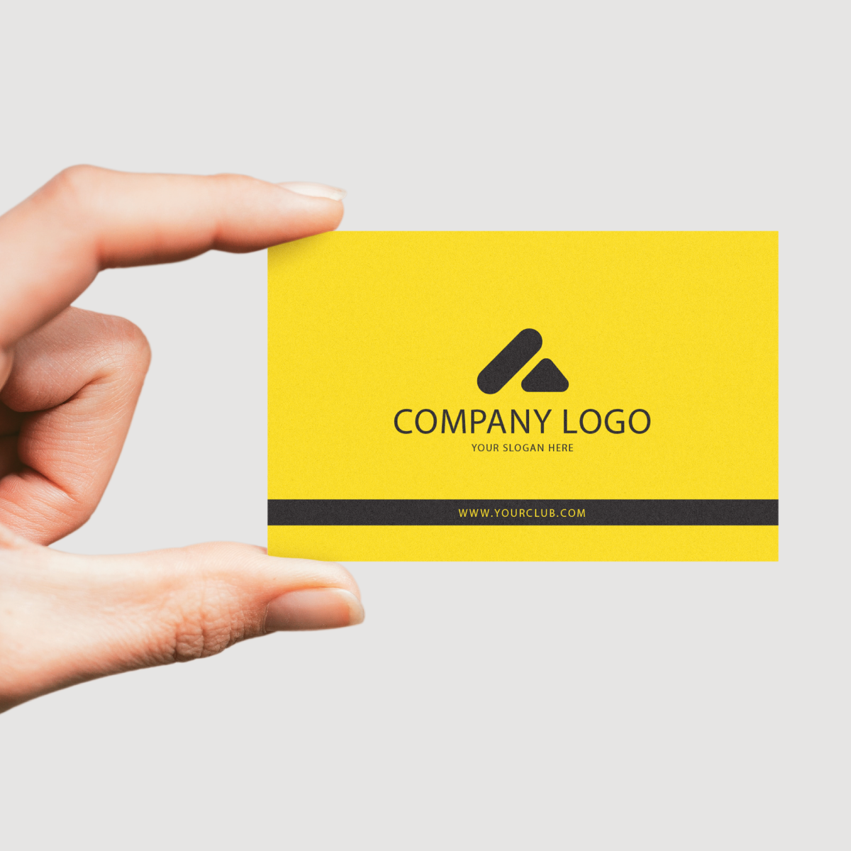 Personalized hand-held yellow Customized 350 GSM Matte Business Card featuring a company logo