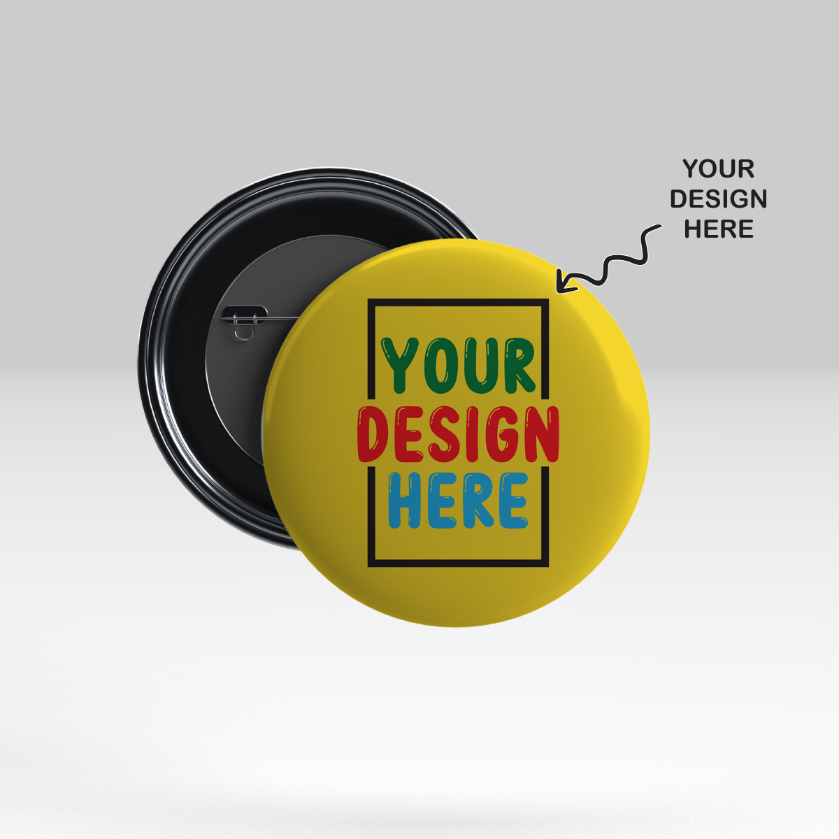 Customized 44mm Pin Badges featuring a yellow background with a customizable design area
