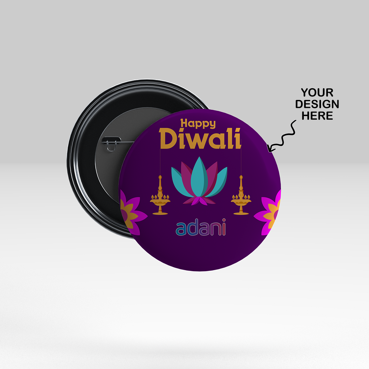 Customized 58mm Pin Badges featuring a festive Diwali design with colorful flowers and lamps