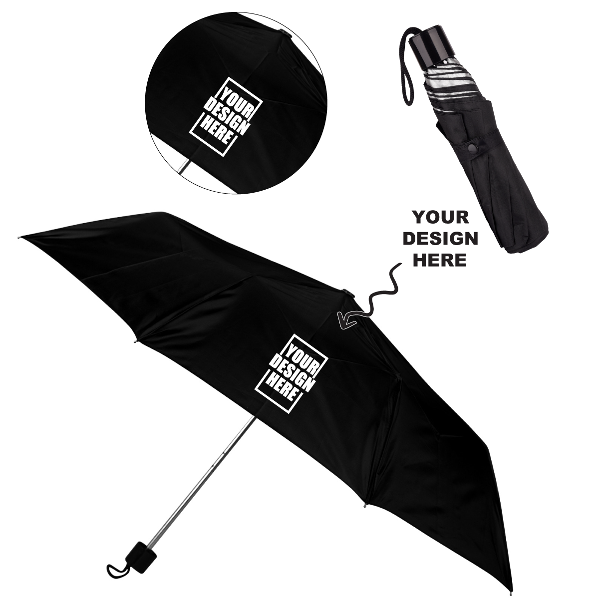 Customized Black 3 Fold Umbrella featuring a personal design area and compact storage