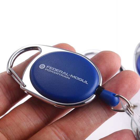 Customized Blue YoYo Clip in hand, featuring sleek design and durable metal construction