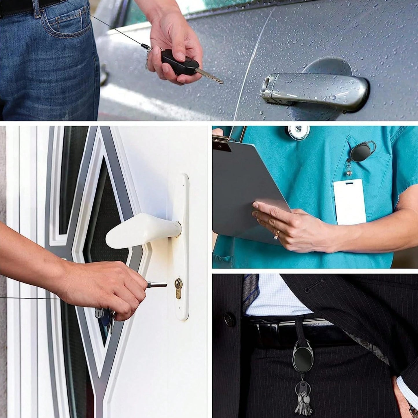 Various uses of a Customized Blue YoYo Clip for holding keys and tools securely