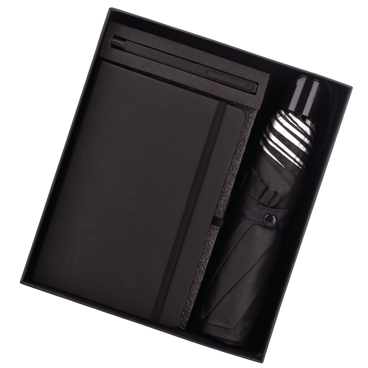 Customized corporate black gift sets including an umbrella, notebook, and pen in a sleek presentation box