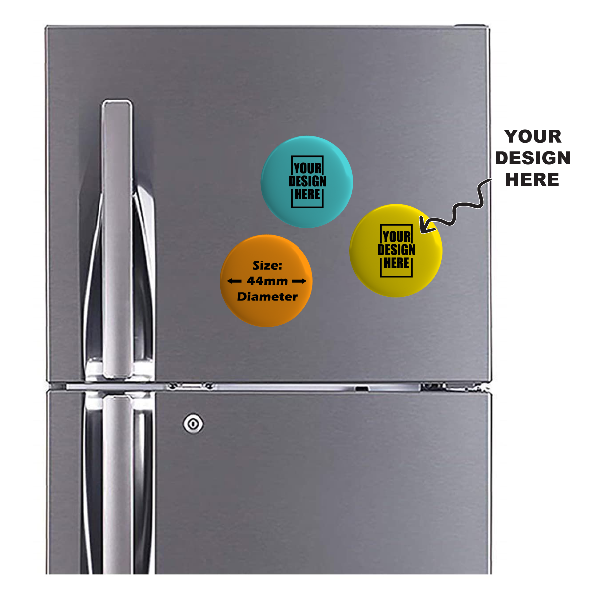 Customized Metal 44mm Fridge Magnets displayed on a modern refrigerator with personalized design options
