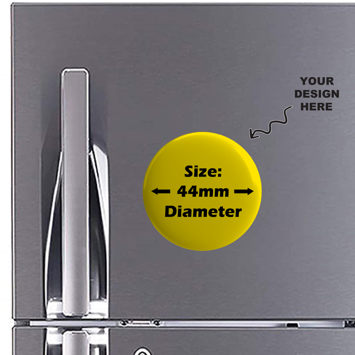 Customized Metal 44mm Fridge Magnets displayed on a sleek refrigerator with a design placeholder