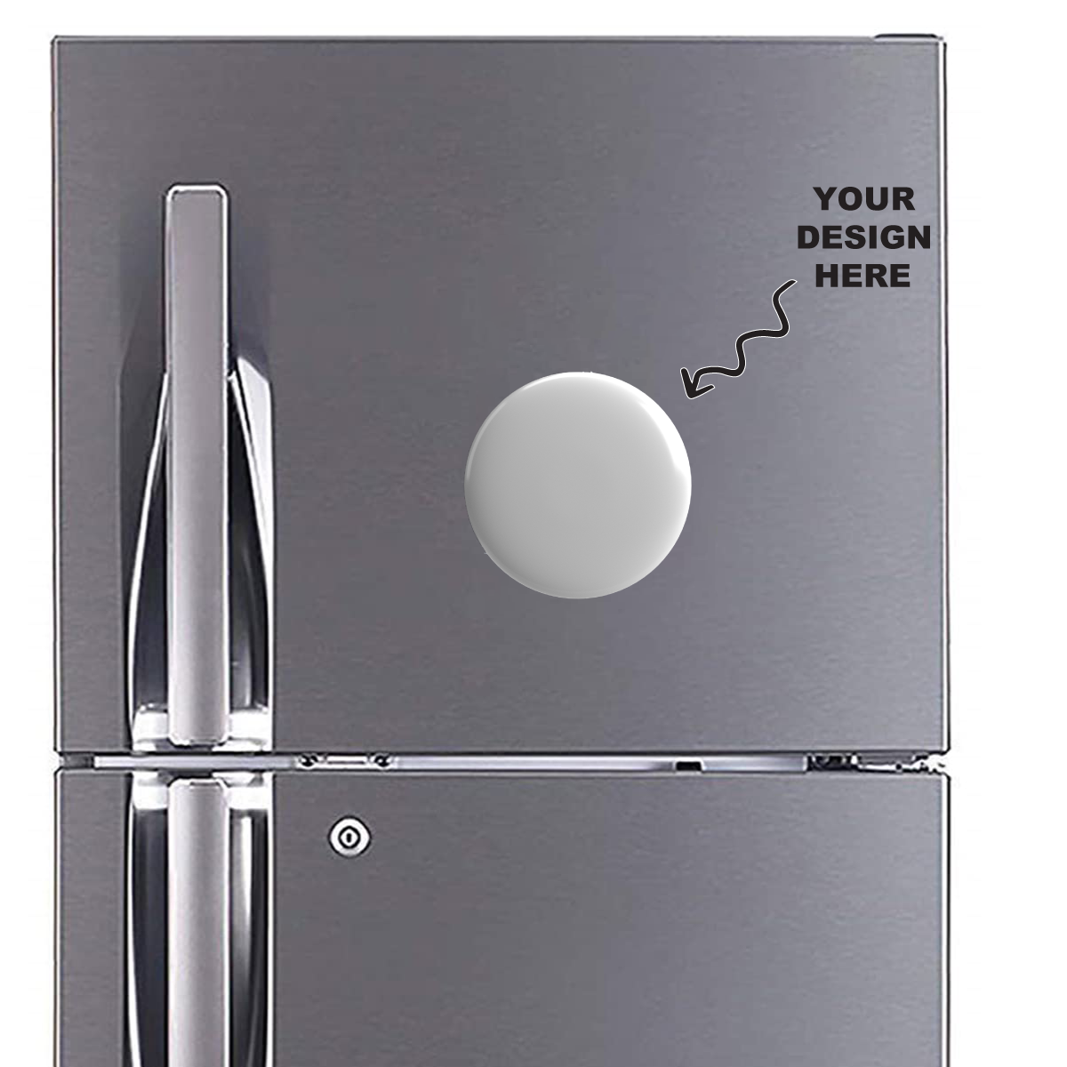 Customized Metal 58mm Fridge Magnets displayed on a stainless steel refrigerator with a blank design area