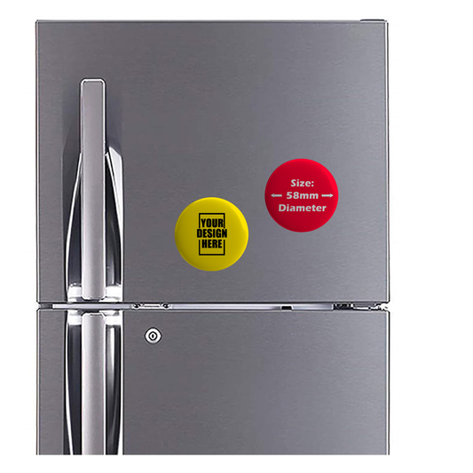 Customized Metal 58mm Fridge Magnets displayed on a stainless steel fridge with design options