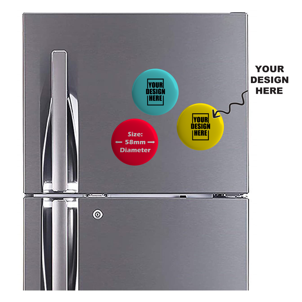 Customized Metal 58mm Fridge Magnets in various colors displaying personalized designs on a stainless steel fridge