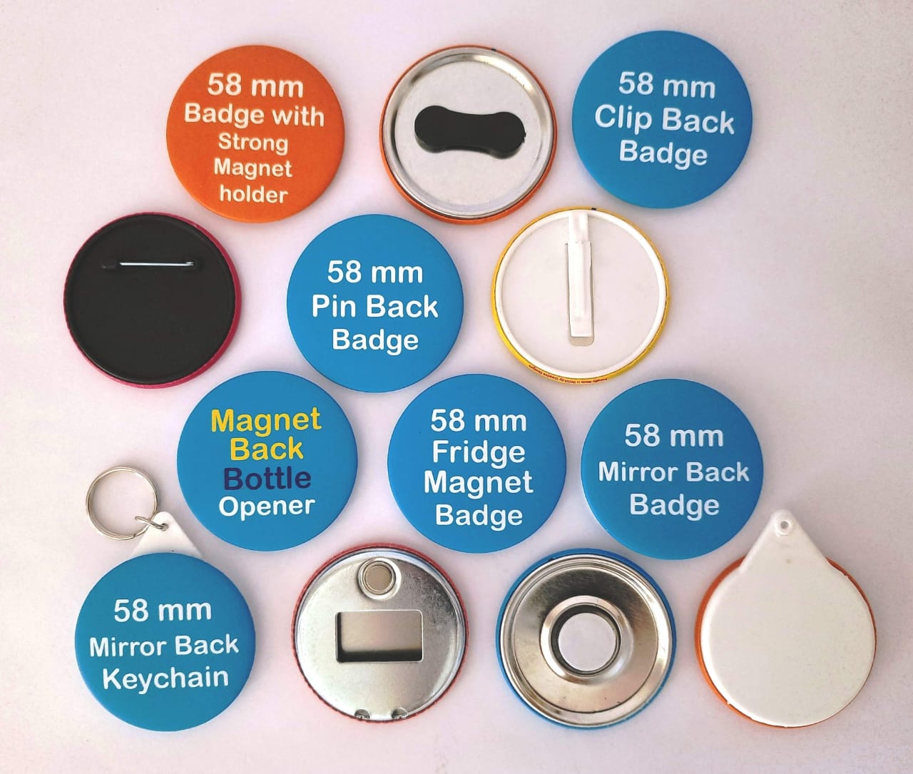 Variety of Customized Metal 58mm Fridge Magnets including clip back, pin back, and badge styles
