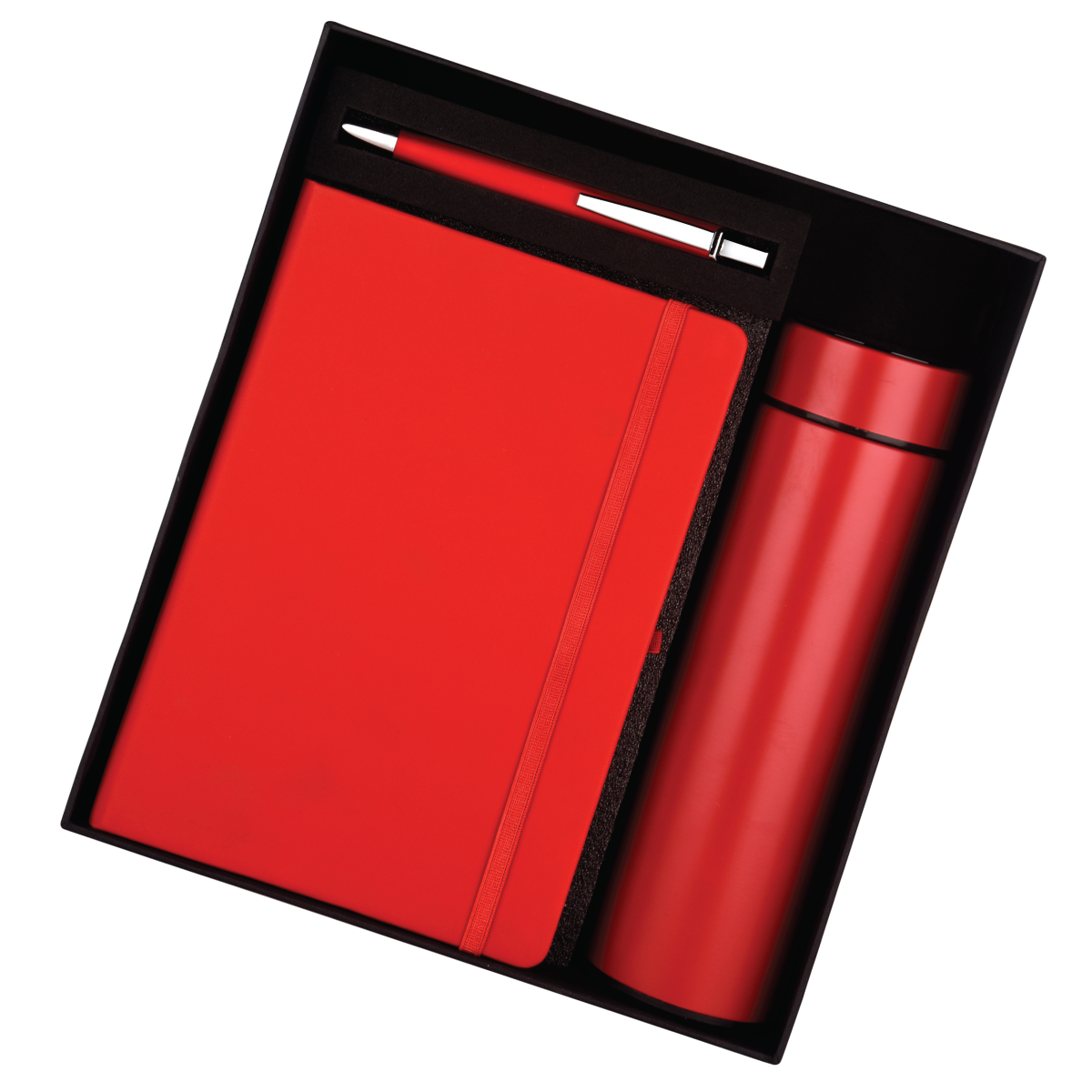 Customized red notebook bottle pen set in a sleek black gift box for new employees