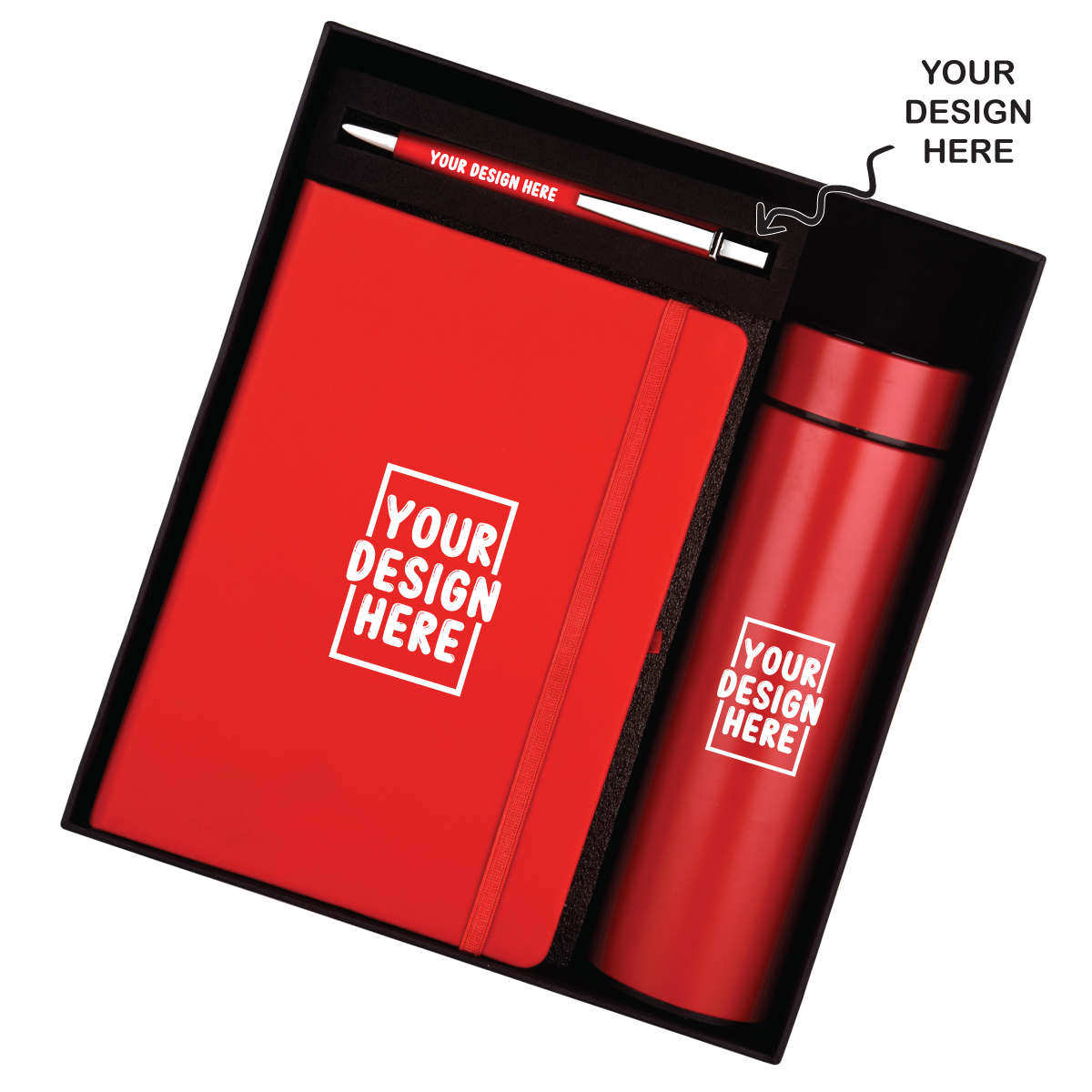 Customized red notebook bottle pen set in a gift box for new employee onboarding