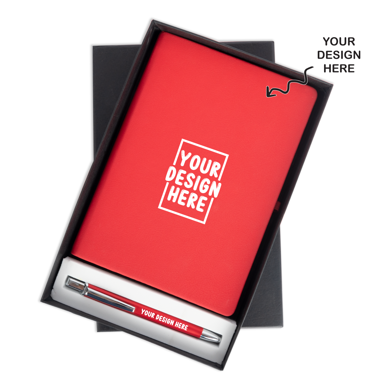 Customized red pen notebook combo in a sleek black gift box for new employees