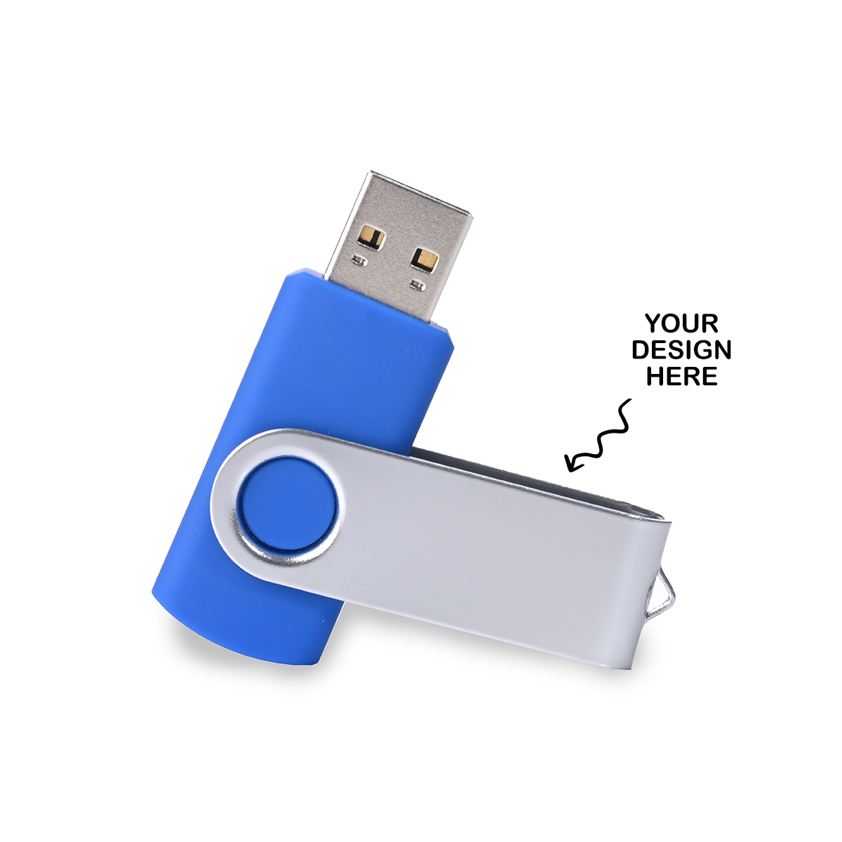 Customized USB for giveaways in blue and silver with space for personal design
