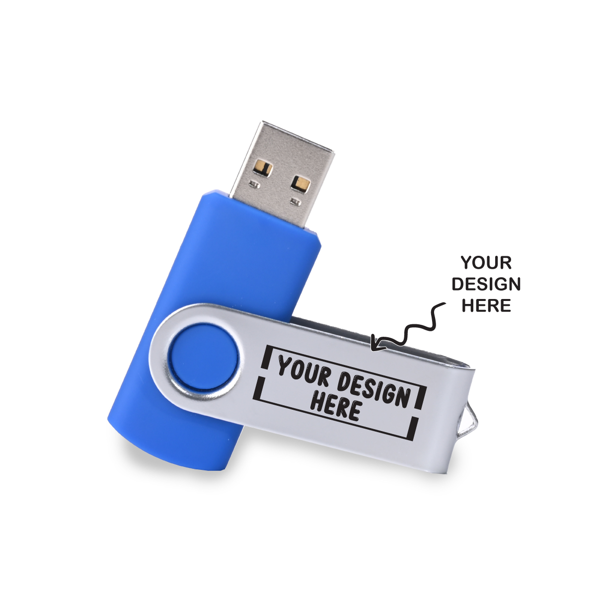 Customized USB for giveaways featuring a blue design and space for your logo or message