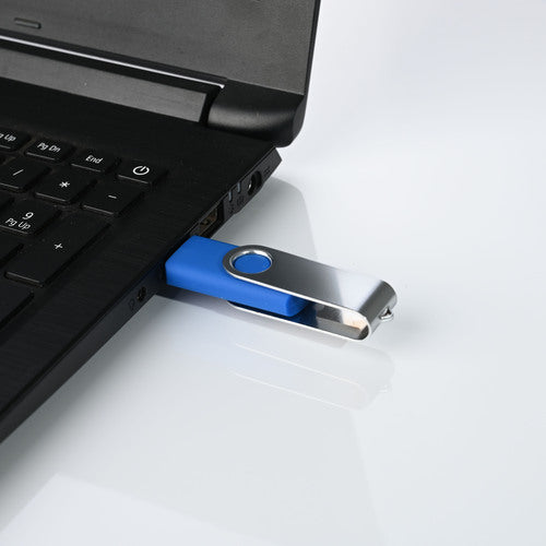 Customized USB for giveaways plugged into a laptop, featuring a sleek blue and silver design