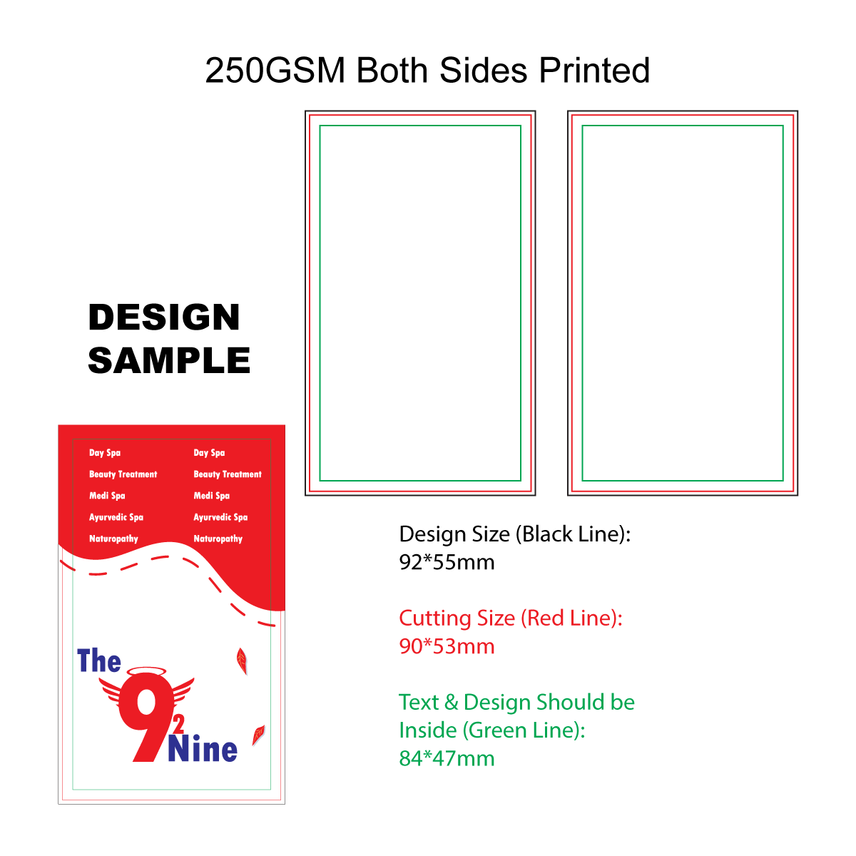 Customized Vertical 250 GSM Business Card design sample with printing specifications and layout details