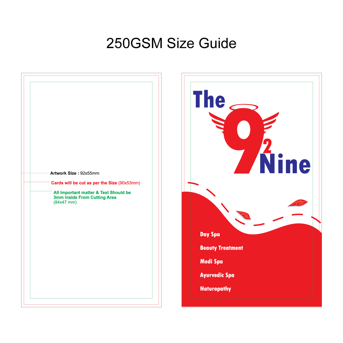 Guide for Customized Vertical 250 GSM Business Card with design dimensions and layout details