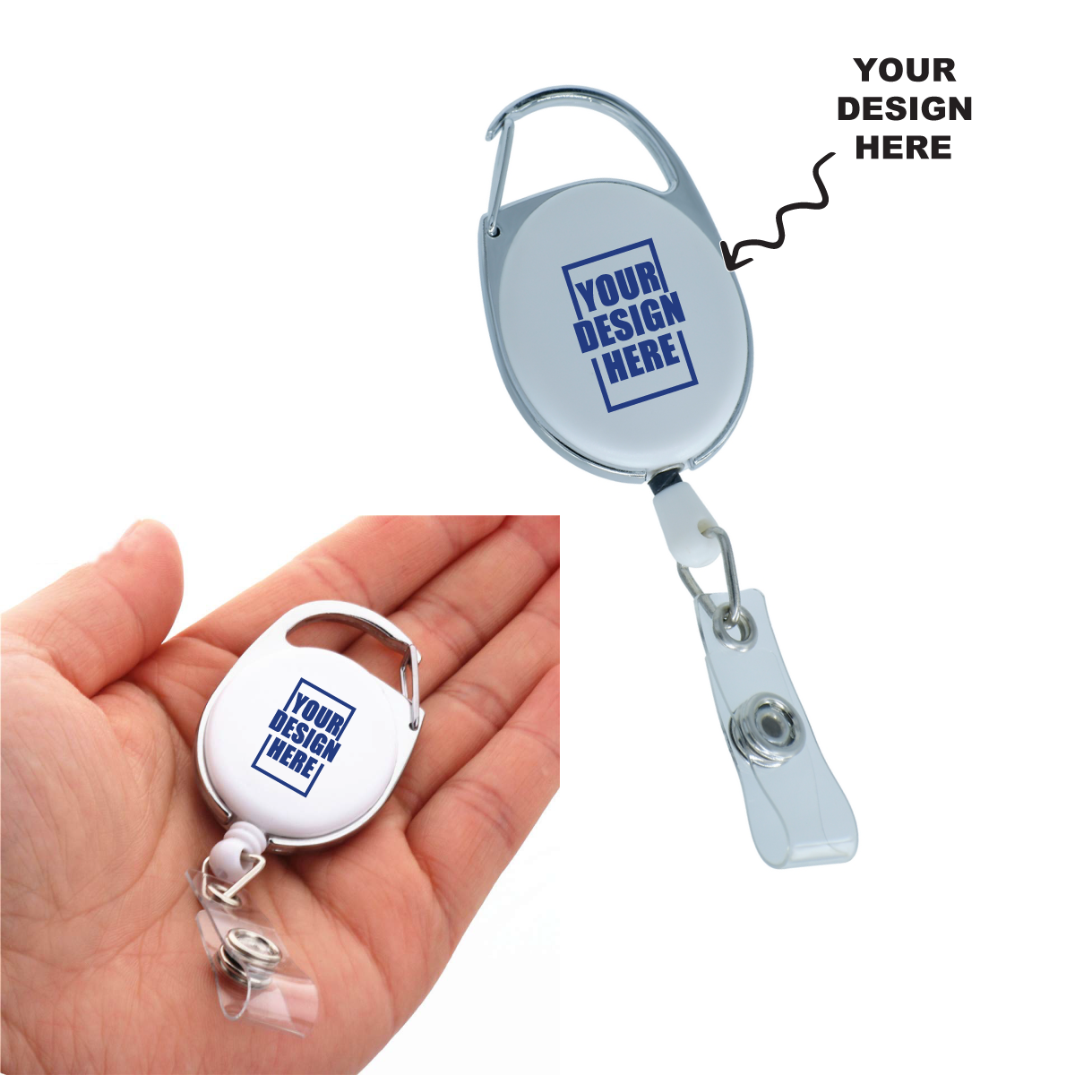 Customized White YoYo Clip in hand showcasing personalized design space for customization