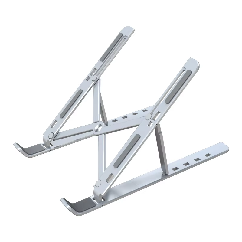 Engraved silver aluminum laptop stand with adjustable height for ergonomic use