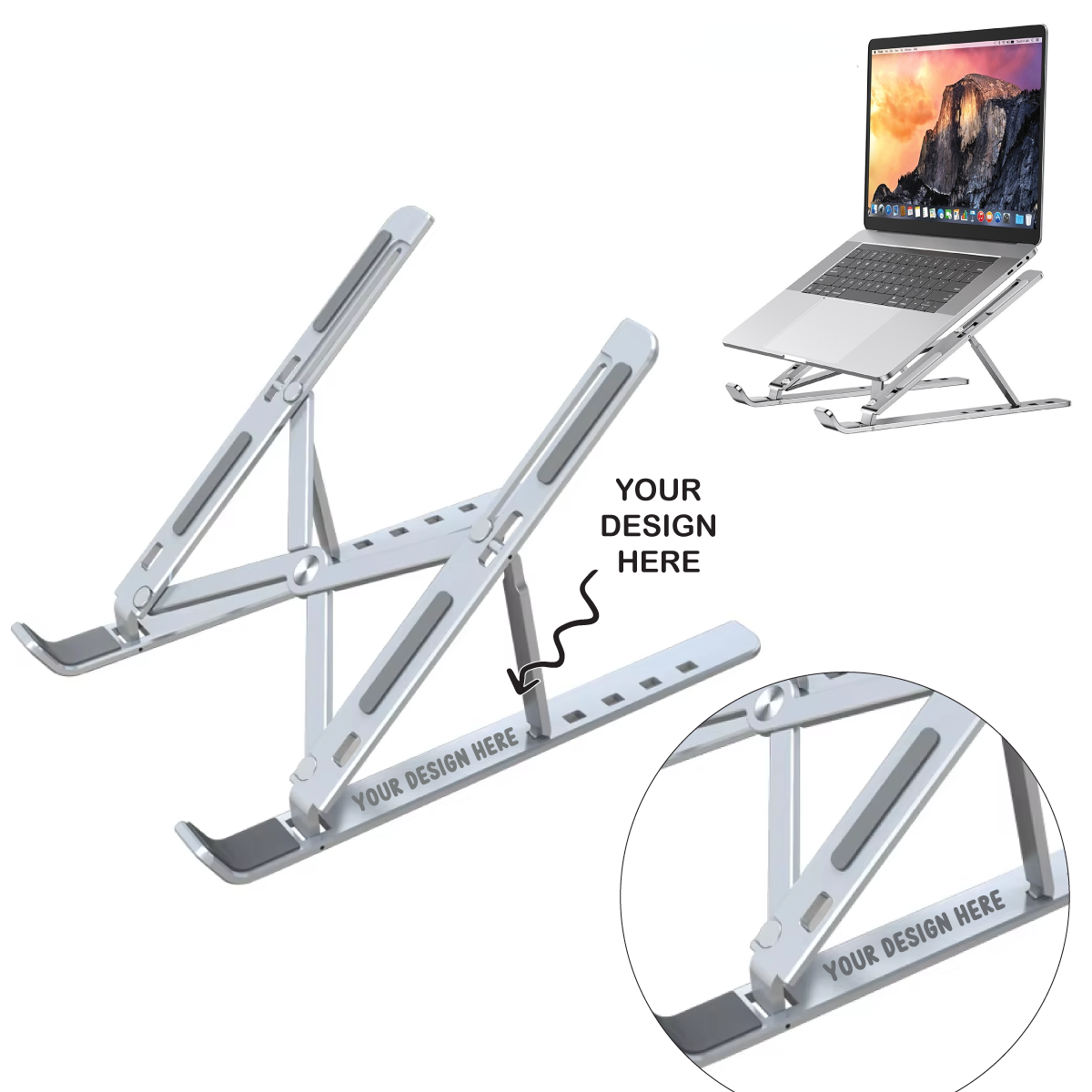 Engraved silver aluminum laptop stand adjustable for ergonomic comfort and design customization