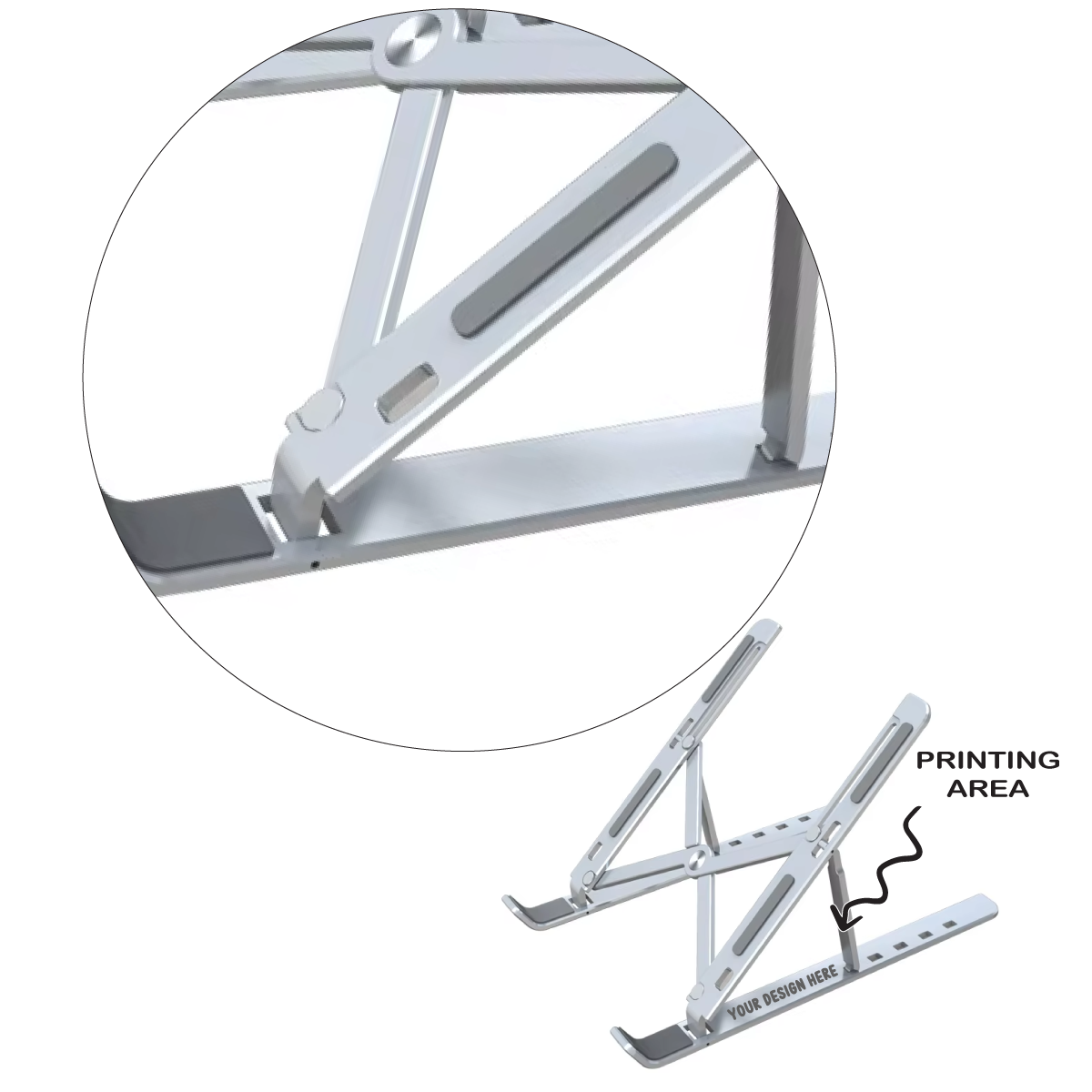 Adjustable engraved silver aluminum laptop stand with a customizable printing area for personal touch