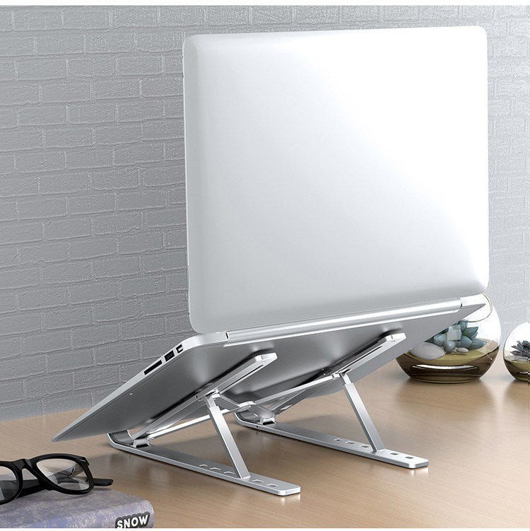Engraved silver aluminum laptop stand with adjustable height for ergonomic workspace comfort
