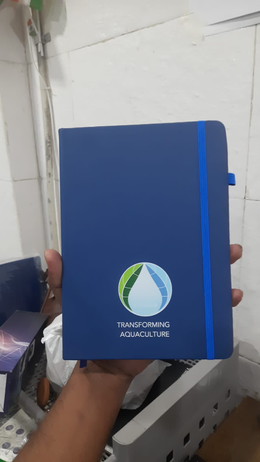 Personalized logo printed A5 notebook with blue cover and elastic band for easy use
