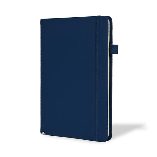 Personalized logo printed A5 notebook with a sleek navy cover and elastic band closure