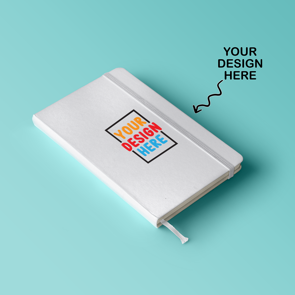 Personalized logo printed A5 notebook with customizable design option on a teal background
