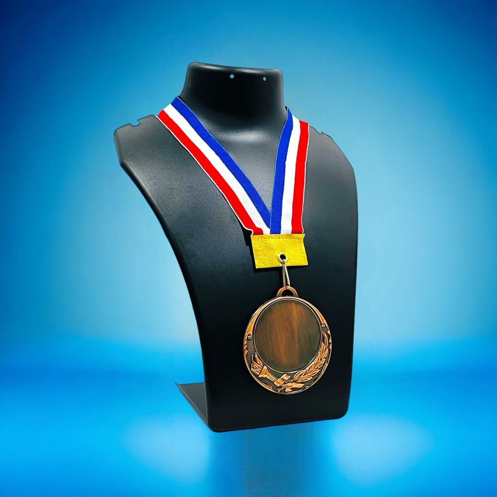 Personalized 2.75 Inch Round Medal displayed on a neck stand with a colorful ribbon