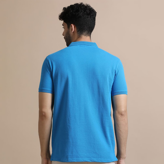 Back view of the personalized aqua blue jacquard polo t-shirt showing clean structure and textured fabric finish.