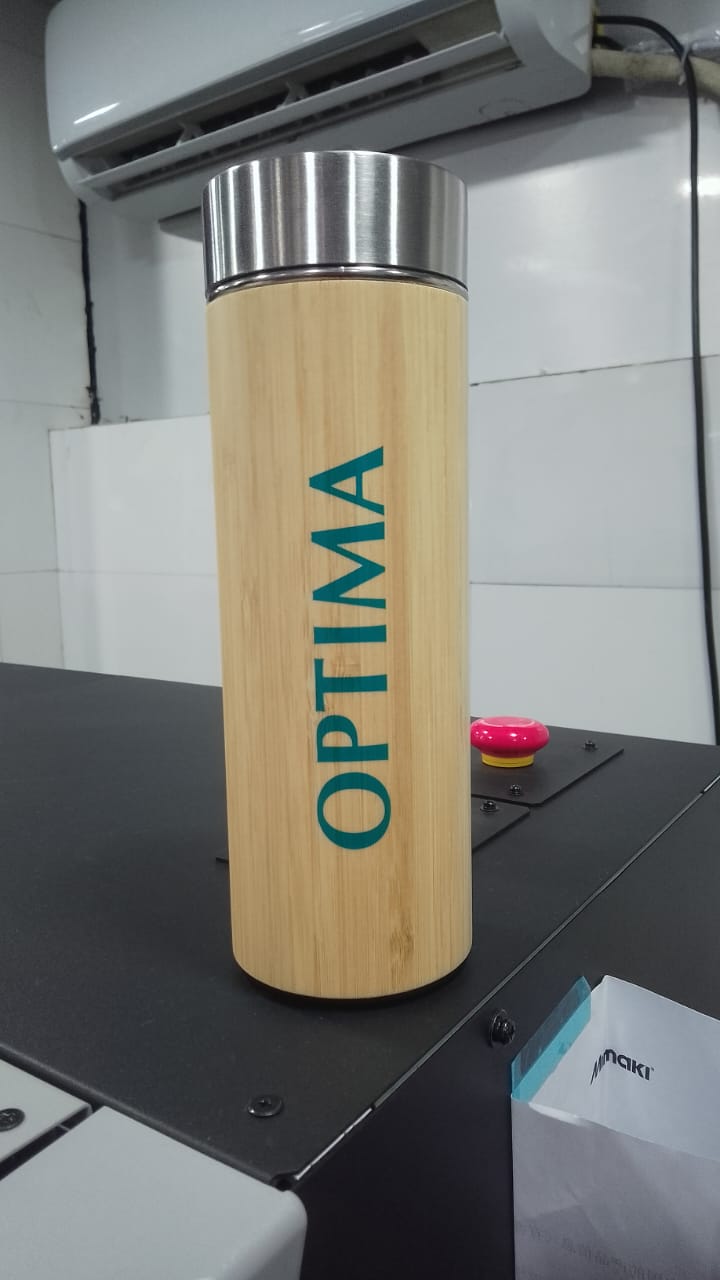 Personalized bamboo water bottle with OPTIMA engraving for stylish hydration on the go